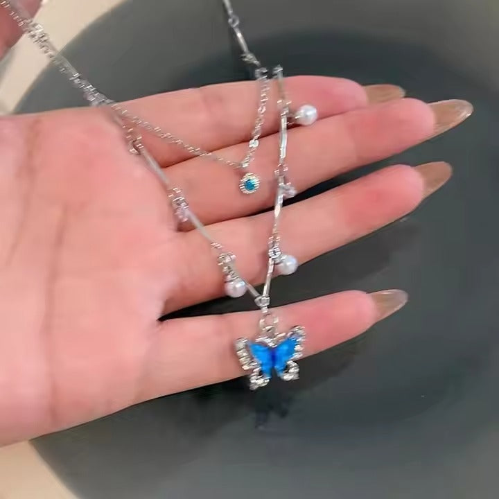 Blue Butterfly Charms Double Chain Necklace