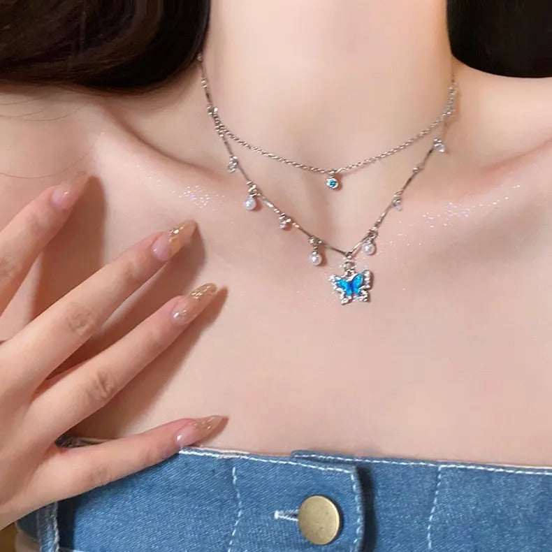 Blue Butterfly Charms Double Chain Necklace
