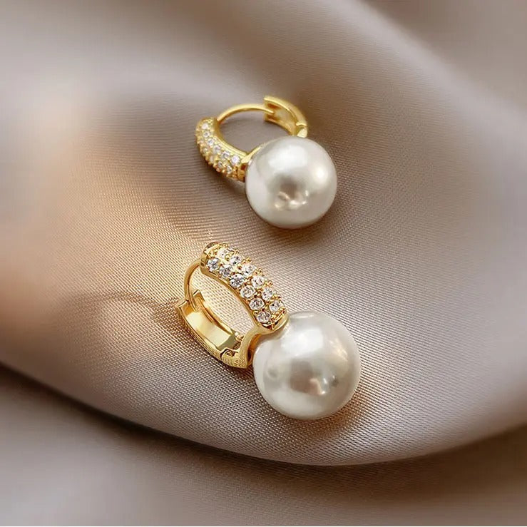 Pearl Diamond Huggie Hoop Earrings