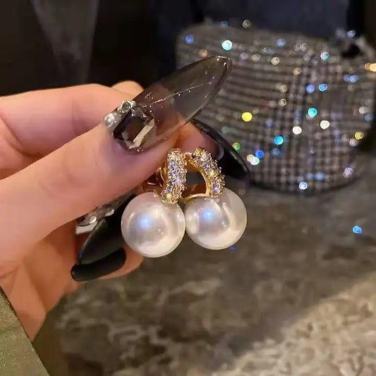 Pearl Diamond Huggie Hoop Earrings