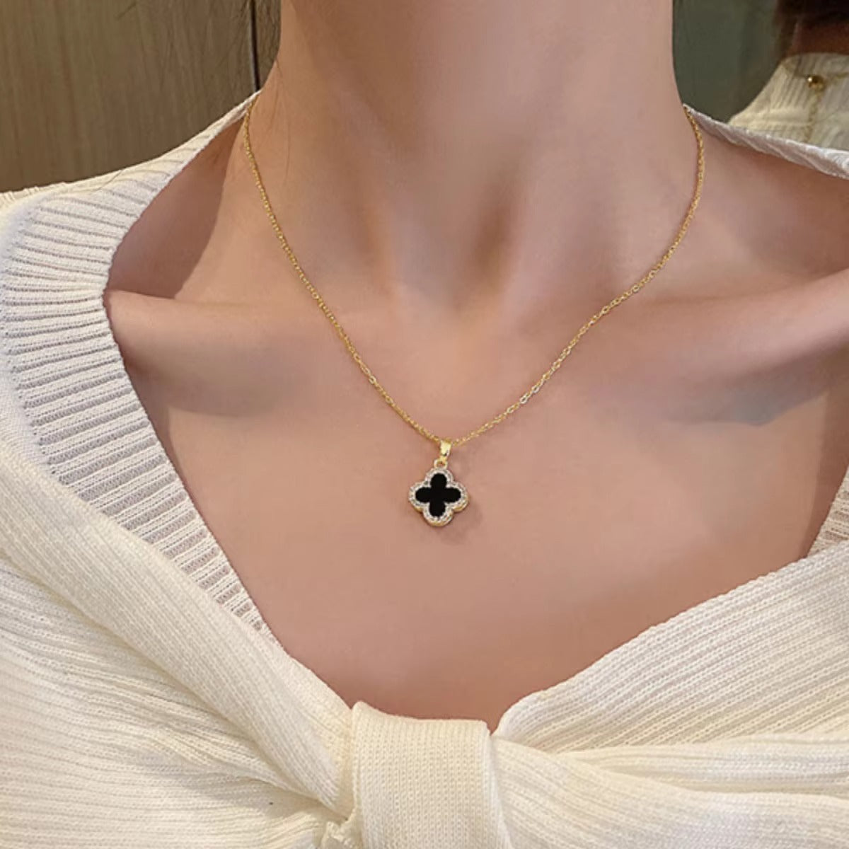 Two-Sided Black & White Clover Necklace