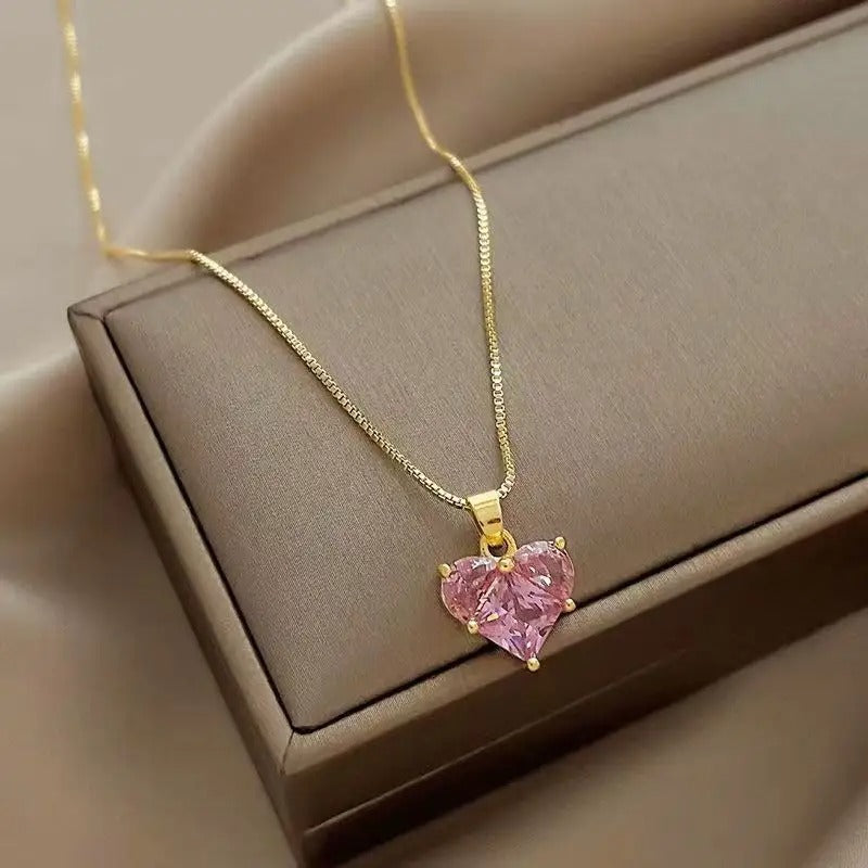 Pink Crystal Pendant Four-Side Phase Chain Necklace