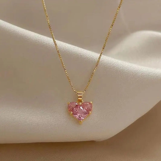 Pink Crystal Pendant Four-Side Phase Chain Necklace