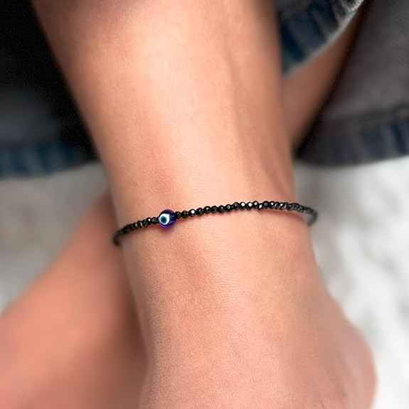 🧿🖤 Black Tourmaline Anklet with Evil Eye Charm