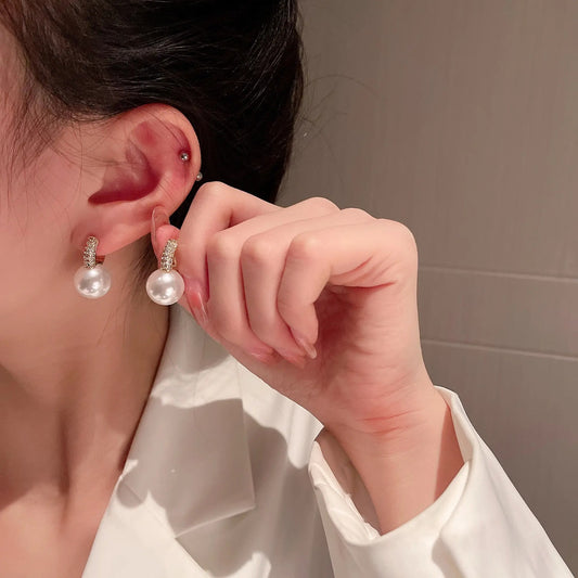 Pearl Diamond Huggie Hoop Earrings