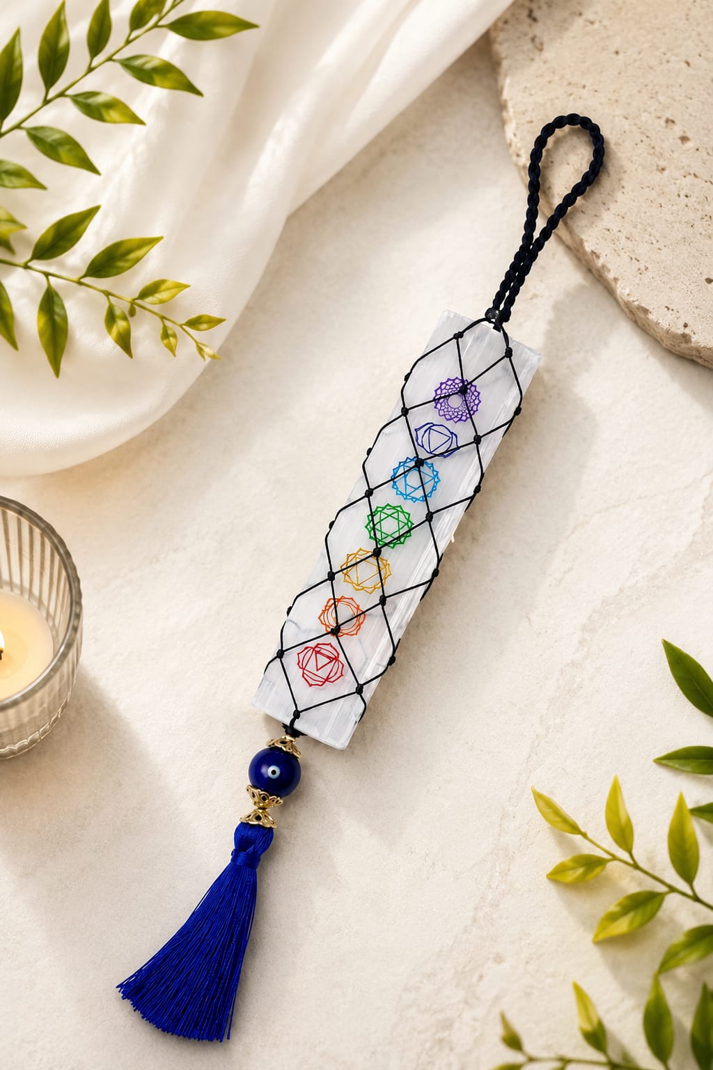 🧿 Selenite Chakra with Evil Eye Hanger