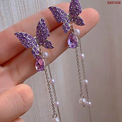 Purple Butterfly Long Earrings Cum