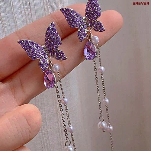 Purple Butterfly Long Earrings Cum