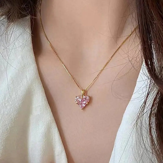 Pink Crystal Pendant Four-Side Phase Chain Necklace