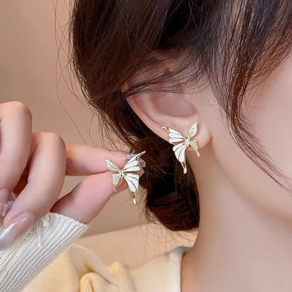 White Enamel & Stone Butterfly Stud Earrings