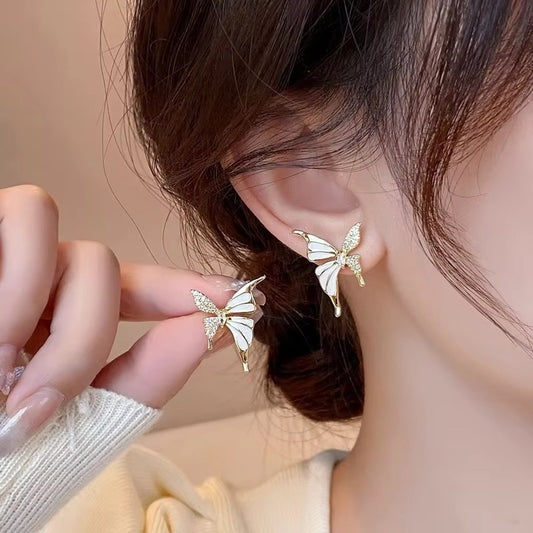 White Enamel & Stone Butterfly Stud Earrings