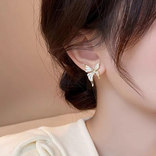 White Enamel & Stone Butterfly Stud Earrings