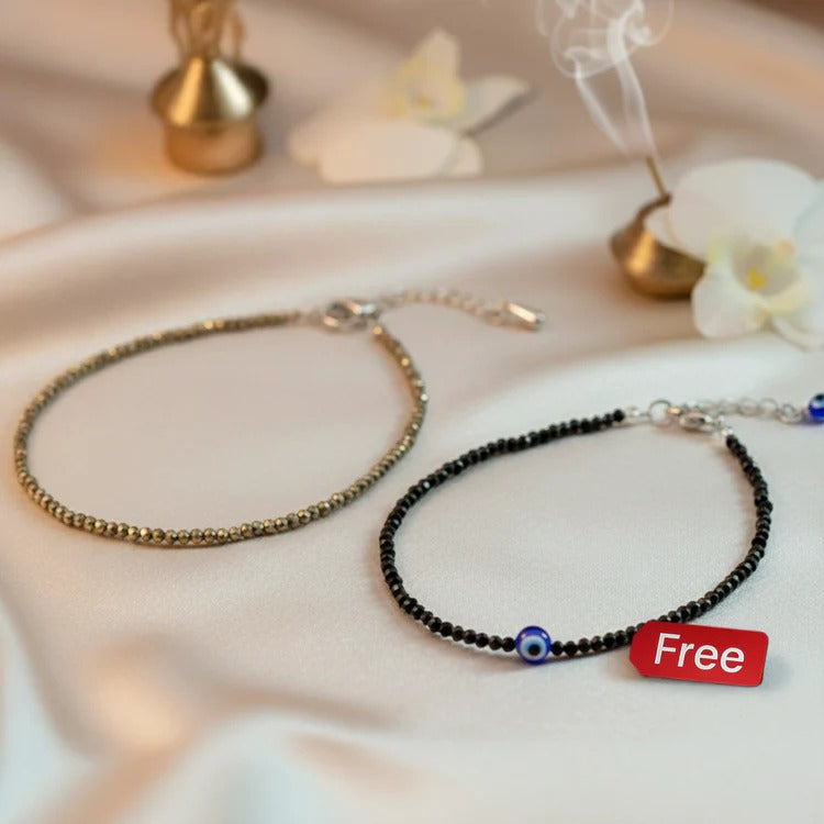 Pyrite Anklet with Black Tourmaline Anklet with Evil Eye Charm